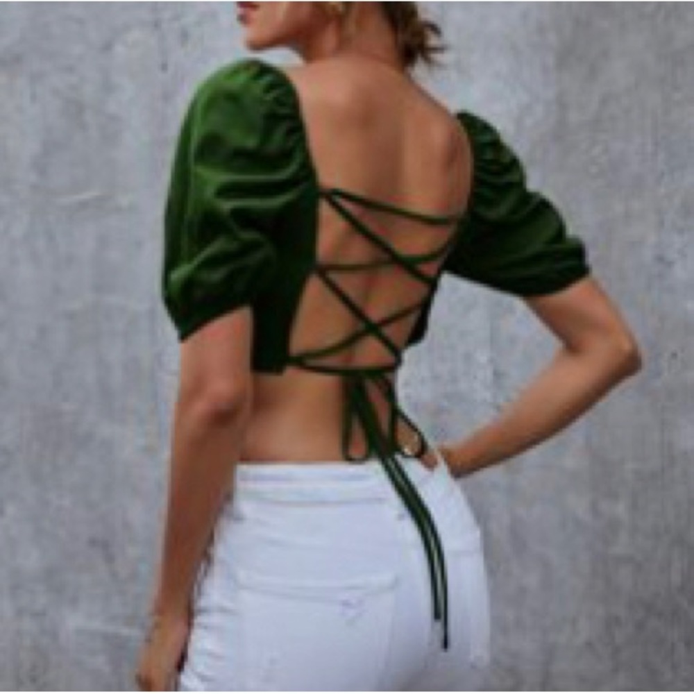 Green Puff Sleeved Open Back Crop Too